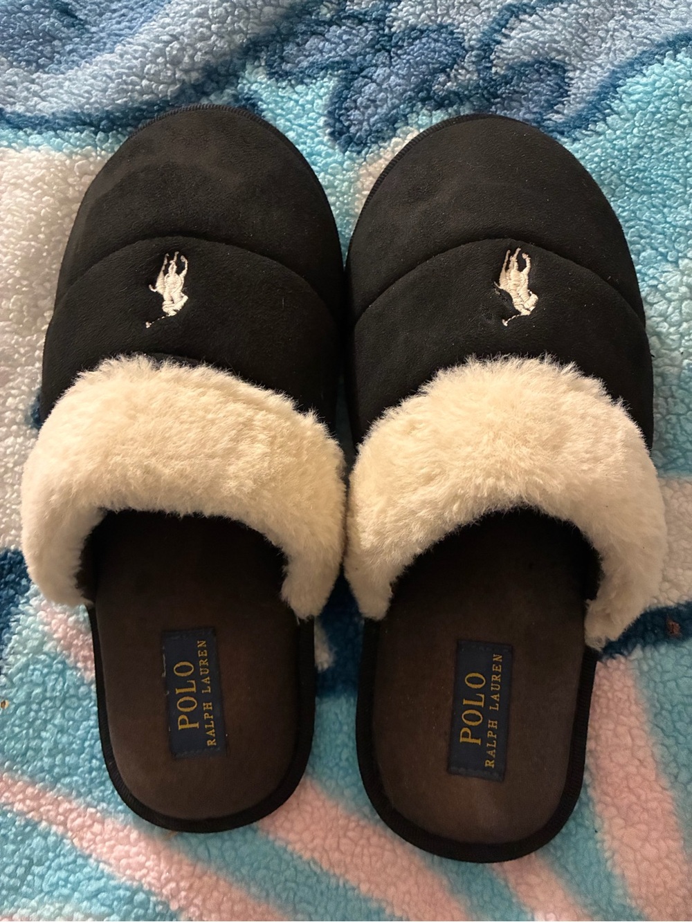Polo by Ralph Lauren Black Slip-On Slippers with Cream Faux-Shearling